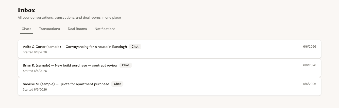 Home1 business dashboard inbox showing sample homebuyer enquiries